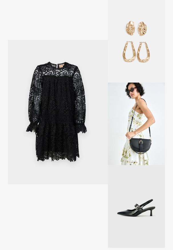 Fekete csipke ruha hosszú ujjal, kerek nyakkivágással, réteges fodros szegéllyel és bonyolult virágmintákkal. Könnyű és áttetsző anyag.; Fekete lakkbőr slingback sarkú cipők hegyes orral és kis blokk talppal, ezüst csat díszítéssel a pánton.; Fekete bőrtáska ívelt formával, levehető pánttal és arany színű fémrészekkel. A táskán egy csattal díszített fedél található.; Aranyszínű fülbevalók, texturált, hullámos formákkal. Tartalmazza a szobrászati klipszes studokat és az open hoop kialakítást, kalapácsos felülettel.