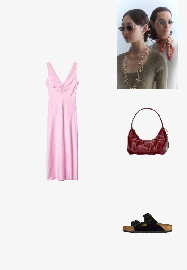 Robe maxi sans manches rose avec un décolleté en V, bord en dentelle et un nœud à l'avant. Fabriquée à partir d'un tissu lisse et texturé.; Sandales en cuir verni noir avec deux brides réglables, semelle en liège et semelle en caoutchouc, présentant une texture lisse et un design minimaliste.; Des lunettes de soleil rondes avec des verres foncés et des montures argentées fines. Une personne porte un collier en chaîne doré, tandis qu'une autre a un foulard à motifs rouges.; Sac à épaule bordeaux fabriqué en matériau brillant, avec une forme courbée et une texture froncée. Il possède une courte anse et une fermeture éclair visible.