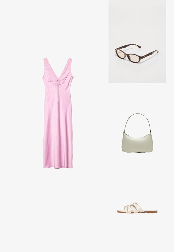 Růžové maxi šaty bez rukávů s V-výstřihem, krajkovým lemováním a detailem mašle vpředu. Vyrobeno z hladké, strukturované látky.; Ploché sandály s hnědou gumovou podrážkou, navržené se třemi překrývajícími se bílými koženými řemínky a malým mašlí uprostřed.; Sluneční brýle ve tvaru zakulacené skořápky s lehkými čočkami. Mají robustní nohy se zlacenými akcenty, vyrobené z plastového materiálu.; Hobo taška ve světle béžové kůži s zakřiveným silueta, úzkým ramenním popruhem a horním zipovým uzávěrem. Hladký povrch s minimálními akcenty.
