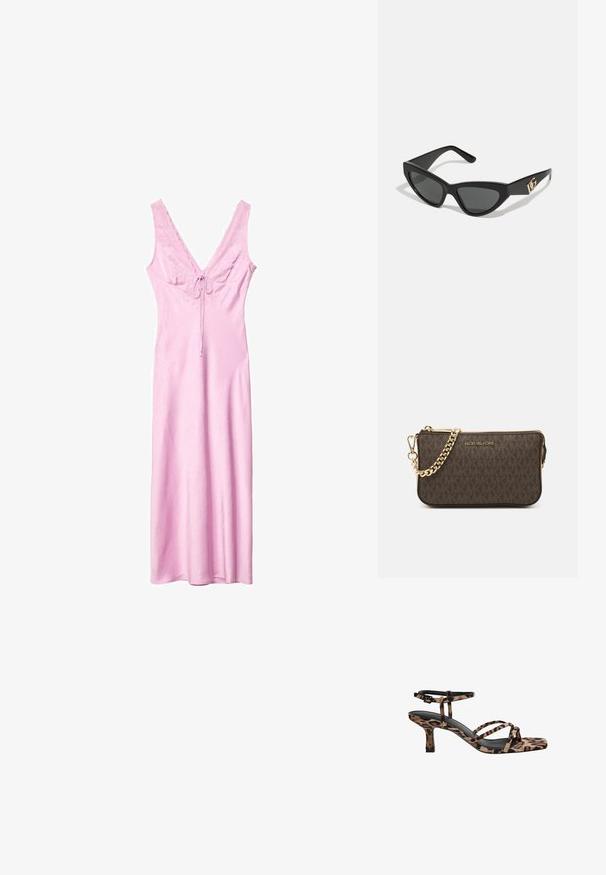 Vaaleanpunainen, hihaton maksimekko V-puolella, pitsireunalla ja etuosassa solmimisella yksityiskohdalla. Valmistettu sileästä, teksturoidusta kankaasta.; Naiskahva leopardikuosiset korkokengät, joissa on neliönmuotoinen kärki, useita remmejä ja keskipitkä korko. Valmistettu pehmeästä tekstiilimateriaalista.; Aurinkolasit kissansilmällä, joissa on matta musta muovikehys, tummat linssit ja kultainen logokiinnitys temppeleissä. Kulmikas muotoilu ja sileä pinta.; Ruskea nahkainen olkalaukku, jossa on logokuvio, kultaketjuolkaint, vetoketjukiinnitys ja kultaiset metalliosat. Kompakti ja suorakulmainen muoto.