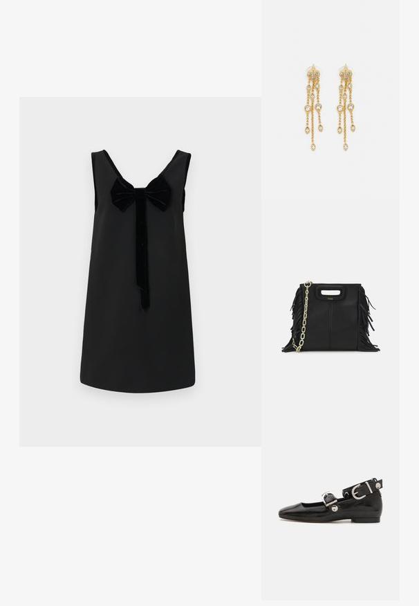 A fekete ujjatlan ruha kerek nyakkivágással, az elején velúr masnival és egyenes sziluettel, sima textúrával rendelkezik.; Fekete lakkbőr lapos cipő négyzet alakú orral, ezüst hardware-rel ellátott bokapánttal és lapos talppal. Simaságával és minimalista dizájnjával kiemelkedő.; Fekete bőr kézitáska, frufrus részletekkel, arany láncos vállpánttal és kivágott fogantyúval. Az elülső részen logó található.; Aranyszínű fülbevalók, több zuhanó lánccal, tiszta ovális strasszköves díszítéssel és dekoratív fülbevaló tetejével.