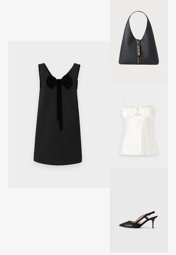 Une robe noire sans manches présente un décolleté rond, un accent en velours en forme de nœud à l'avant, et une silhouette droite avec une texture lisse.; Caraco en satin blanc avec bretelles réglables, un bustier structuré et festonné, et un ourlet droit. Texture lisse et design minimaliste.; Escarpin noir à talon haut avec bout pointu, présentant un design de bride et le logo "LOVE MOSCHINO" sur le côté. Texture lisse.; Sac à bandoulière en cuir noir avec une large sangle, des accessoires en or et deux étiquettes suspendues embossées avec "LOVE MOSCHINO" en lettres dorées.