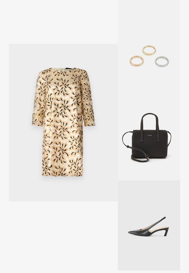 Vyšívané šaty s třičtvrtečními rukávy, zdobené květinovým černým vzorem na jemné béžové průsvitné látce. Kulatý výstřih, délka po kolena.; Černý špičatý slingback s nízkým podpatkem, vyrobený z hladké kůže, s výřezem na boku pro lepší prodyšnost.; Černá kabelka s dvojitými krátkými uchy a odnímatelným ramenním popruhem. Hladký koženkový materiál s uzávěrem na zip a detailem loga.; Tři kovové prsteny: jeden růžově zlatý, jeden zlatý s texturovanými detaily a jeden stříbrný, všechny s vyrytým brandingem na vnitřním boku.