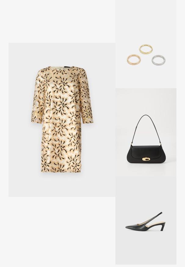 Vezeno obleko s tričetrtinskimi rokavi, ki ima cvetlični črni vzorec na svetlo bež prosojnem materialu. Okrugel izrez, dolžina do kolen.; Črne čevlje s koničastimi nosovi in slingback obliko z nizko peto, izdelane iz gladke usnjene materiale ter s črtasto zasnovo na strani za prezračevanje.; Črna usnjena torba s ukrivljeno zasnovo, z zlatimi dodatki in zgornjim ročajem. Ima eleganten zapirni mehanizem in gladko teksturo.; Trije kovinski prstani: eden rožnato zlati, eden zlat z teksturiranimi detajli in eden srebrn, vsi z vgraviranim logotipom na notranji strani.