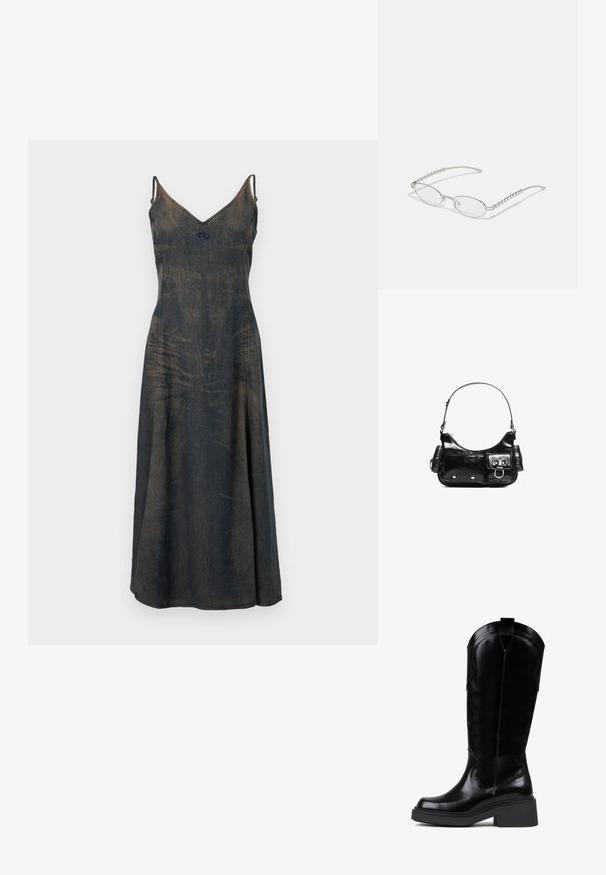 Jeans obleka z V-izrezom, tankimi naramnicami in razširjenim krilom. Material je v bledi temno modri barvi, kar razkriva subtilne razlike v teksturi.; Bronx DAFF - Škornji v kavbojskem/motorističnem slogu - black; Ovalna očala s kovinsko srebrnim okvirjem, prozornimi lečami in teksturiranimi perlastimi detajli na stenah. Lahka zasnova z ukrivljenimi ročaji.; Črna lakasta usnjena torbica s ukrivljeno obliko, enim ramenskim trakom, sprednjimi žepi in srebrnimi kovinskimi dodatki.