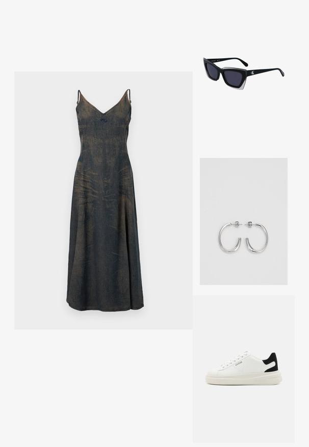 Rochie din denim cu decolteu în V, bretele subțiri și fustă evazată. Materialul are o nuanță de albastru închis ușor estompat, evidențiind variații subtile în textură.; Adidași din piele albă cu o talpă groasă albă, accent de călcâi din suede negru și logo embosat pe lateral. Design cu șireturi și șase orificii.; Ochelari de soare supradimensionați, negri, cu o formă geometrică, având lentile întunecate și un detaliu gri contrastant pe ramă. Logo pe braț.; Cercei rotunzi din argint cu un finisaj neted și strălucitor. Design ușor, având o formă rotundă și închidere cu tijă.