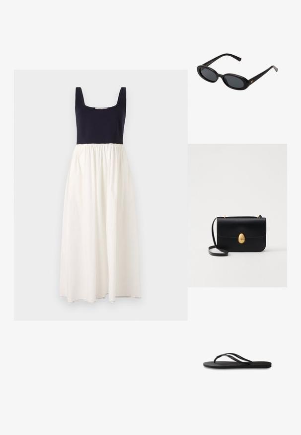 Navy zils bez piedurknēm kleita ar kvadrātveida dekoltē, ar baltu, savilktu svārku. Izgatavota no viegla auduma, ar redzamām šuvēm apakšmalā.; Melni čības ar teksturētu gumijas zoli, divām plānām siksniņām un smalku, iespiedotu logotipa detaļu uz siksniņas.; Melnu pārspīlēto saulesbrilles ar ovālām lēcām, gludu plastmasas rāmja un zelta akcentiem uz tempļiem. Tumšie lēcas nodrošina saules aizsardzību.; Melnas ādas rokassomu ar strukturētu taisnstūra formu. Iespējas zelta ovāla slēdzis un plāns plecu siksna. Gluda tekstūra.