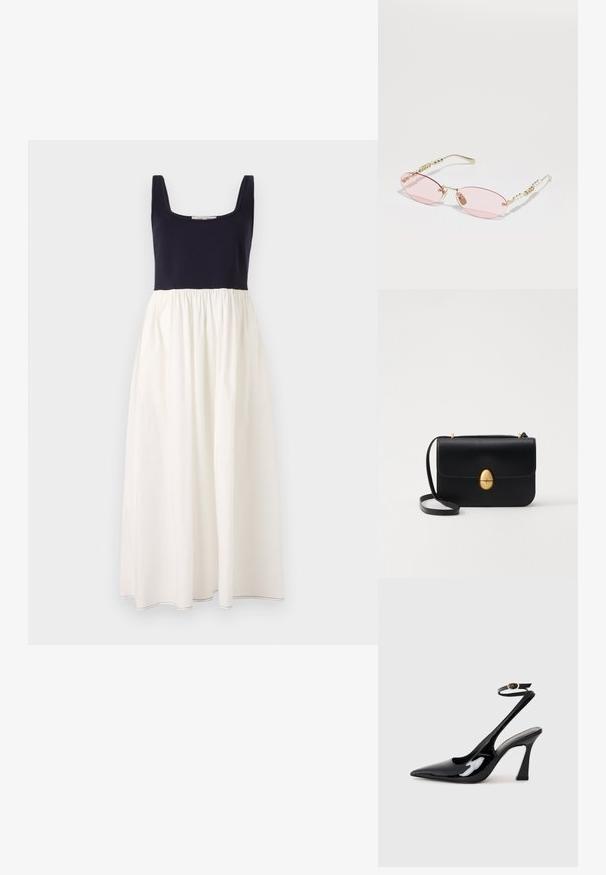 Sötétkék ujjatlan ruha négyzet alakú nyakkivágással, fehér, redőzött szoknyával. Könnyű anyagból készült, a szegésen látható varrással.; Fekete lakk bőrből készült, slingback magas sarkú cipők, hegyes orral, állítható bokapánttal és mérsékelt tömbsarkal. Simább textúra, fényes felület.; Gucci Napszemüvegek - gold-coloured/pink; Fekete bőr kézitáska, struktúrált, téglalap alakú formával. Arany ovális kapoccsal és vékony vállpánttal rendelkezik. Sima textúrájú.