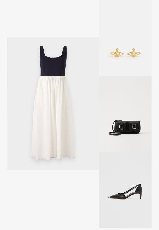 Rochie fără mâneci de culoare bleumarin, cu decolteu pătrat, având o fustă albă, plisată. Fabricată dintr-un material ușor, cu cusături vizibile la tiv.; Pantof de damă din piele neagră cu toc kitten, vârf ascuțit argintiu și două curele cu cataramă, pe fundal alb.; Geantă neagră din piele, tip crossbody, cu două buzunare frontale, catarame aurii, închidere cu fermoar și o curea subțire. Suprafață texturată și formă rectangulară compactă.; Vivienne Westwood MINI BAS RELIEF EARRINGS - Cercei - gold-coloured