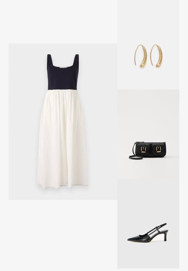 Tamno plava bezrukavna haljina sa kvadratnim izrezom, s bijelom skupljanom suknjom. Izrađena od laganog materijala, s vidljivim šavovima na rubu.; Crne lakirane slingback pete s oštrim vrhom, s teksturiranim uzorkom zmijske kože, podesivom remenom i kratkom, teksturiranom blok-petom.; Crna kožna torba preko ramena s dva prednja džepa, zlatnim kopčama, zatvaranjem na zip i uskim remenom. Teksturirana površina i kompaktan pravokutan oblik.; Zlatne metalne naušnice u obliku obruča s zakrivljenim, izduženim oblikom. Imaju glatku, sjajnu površinu i zaobljeni vrh za dodatni detalj.