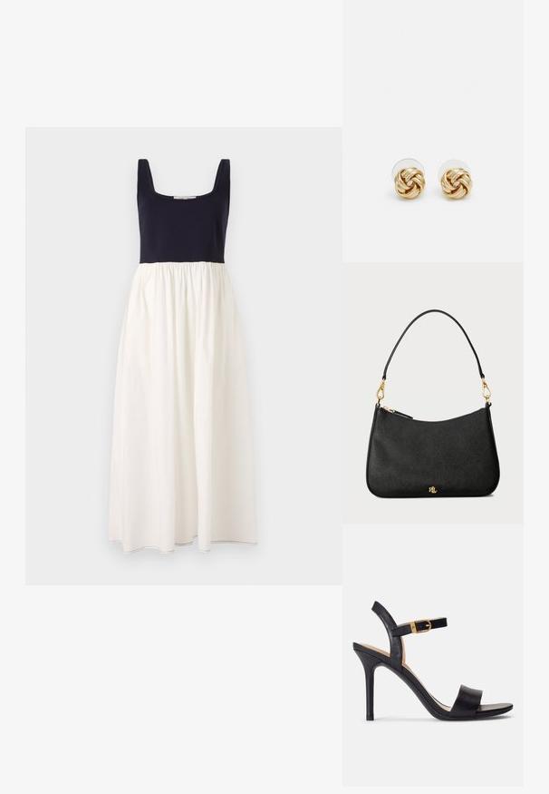 Vestido sem mangas azul-marinho com decote quadrado, apresentando uma saia branca franzida. Feito de um tecido leve, com costura visível na bainha.; Sandálias de salto alto pretas com um cabedal de couro suave, bico aberto e um design de tira única com um detalhe de fivela dourada.; Bolsa de mão em pele preta com um design estruturado, apresentando um fecho com zíper, uma alça destacável e detalhes em metal dourado.; Brincos de pressão em tom dourado com um design torcido. Cada brinco possui uma base circular transparente para um uso seguro.