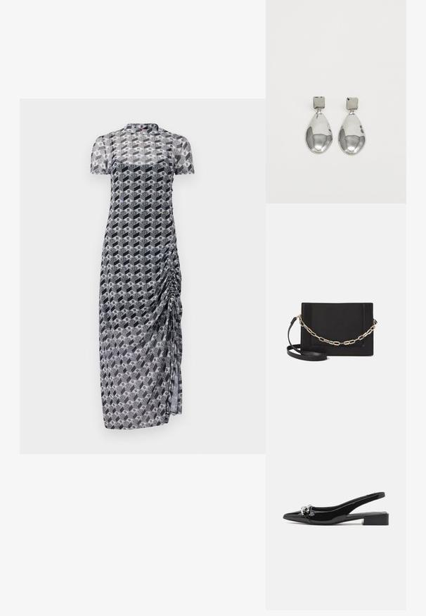 Průhledné šaty s krátkým rukávem a geometrickým černobílým vzorem. Mají řasení na jedné straně a rovný střih.; Černé lakované kožené nazouvací boty s špičatou špičkou, stříbrnými detaily a nízkým blokovým podpatkem. Hladký, lesklý povrch po celé délce.; Černá kožená crossbody taška s hladkým povrchem, obdélníkovým tvarem a kovovým řetízkem na přední straně. Součástí je nastavitelný popruh.; Stříbrné kapkové náušnice se čtvercovou například, s hladkým, lesklým povrchem a kapkovým tvarem, odrážející světlo lesklým povrchem.