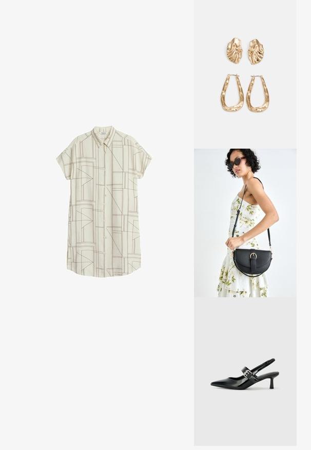 Kurzärmliges Hemd aus cremefarbenem Stoff mit geometrischen braunen Linienmustern, ausgestattet mit einem klassischen Kragen und einem geraden Schnitt.; Schwarze Lackleder Slingback-Absätze mit spitzem Zeh und kleinem Blockabsatz, ausgestattet mit einem silbernen Schnallenakzent am Riemen.; Schwarze Lederhandtasche mit geschwungener Form, abnehmbarem Tragegurt und goldenen Beschlägen. Die Tasche verfügt über einen Deckel mit einer Schnallen-Details.; Ohrringe in Goldoptik mit strukturierten, gewellten Formen. Beinhaltet skulpturale Clip-Ohrringe und ein offenes Hoop-Design mit gehämmertem Finish.