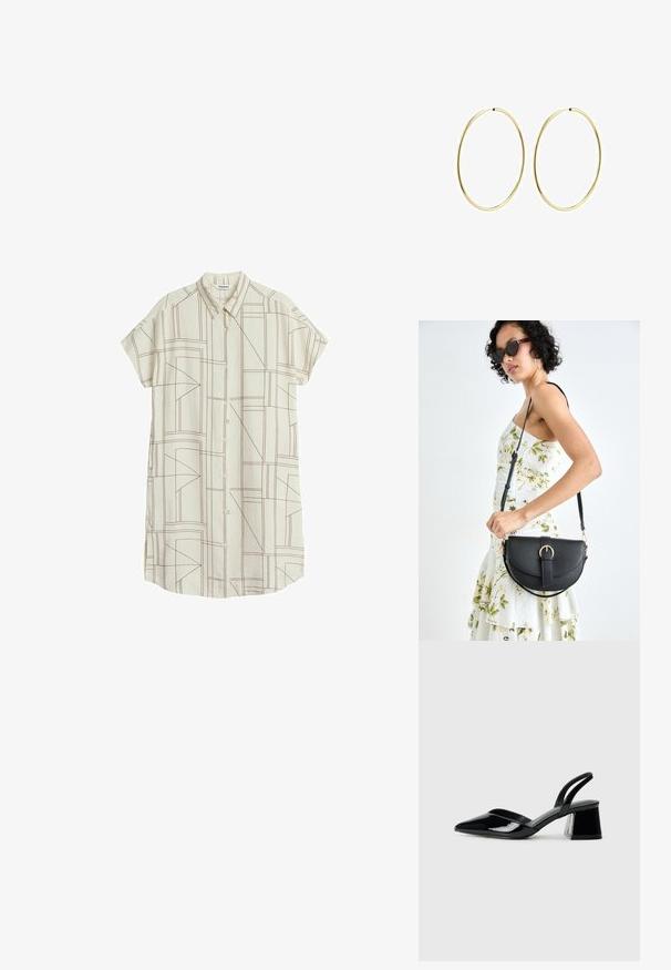 Kortærmet skjorte i cremefarvet stof med geometriske brune linjemønstre, der har en klassisk krave og en lige pasform.; Sorte patentlæder slingback hæle med spids tå og en geometrisk blok hæl. Har et elegant, minimalistisk design og en glat tekstur.; Sort læderhåndtaske med en buet form, aftagelig rem og guldfinish. Tasken har en klap med en spænde detalje.; Guldøreringe med et glat, rundet design. Tynde og lette, med en kontinuert løkke uden udsmykninger.