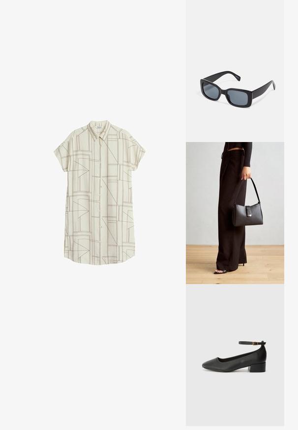 Koszula z krótkim rękawem zapinana na guziki w kremowym kolorze z geometrycznymi brązowymi liniami, z tradycyjnym kołnierzykiem i prostym krojem.; Czarne skórzane szpilki z ostrym noskiem i niskim słupkowym obcasem. Wyposażone w pasek na kostkę z złotym zapięciem. Gładka tekstura.; Czarne prostokątne okulary przeciwsłoneczne z ciemnymi szkłami, grubą plastikową oprawą i szerokimi ramionami. Gładka powierzchnia i kanciasty design.; Czarna torebka o usztywnionym kształcie, gładkiej fakturze i metalowym zapięciem. Połączona z szerokimi czarnymi spodniami i sandałami na otwartym palcu na drewnianej podłodze.