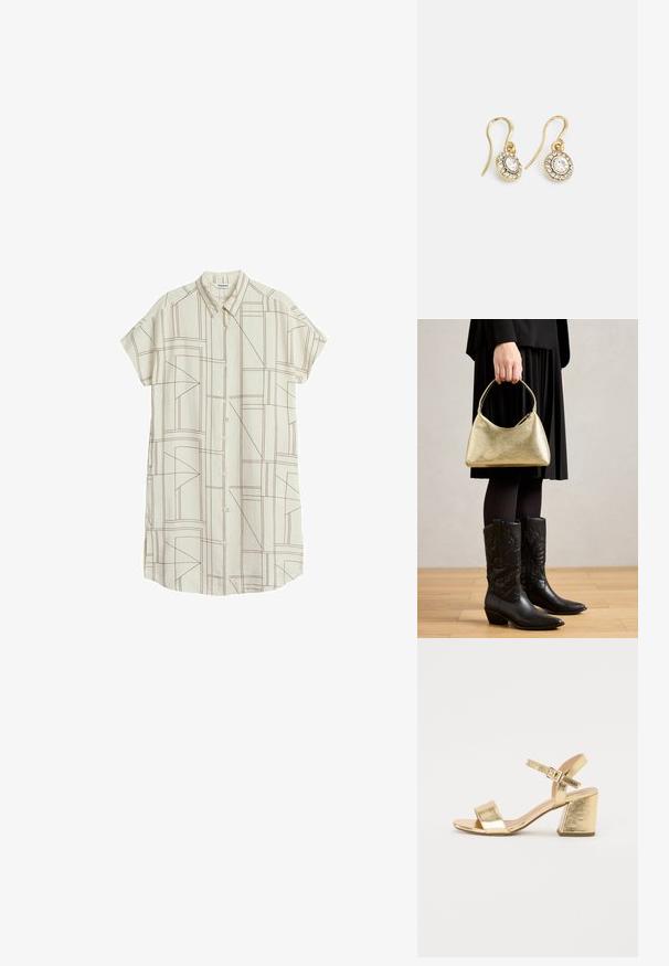 Lyhythihainen nappikauluspaita luonnonvalkoisesta kankaasta, jossa on geometrisia ruskeita viivakuviota, perinteisellä kauluksella ja suorella leikkauksella.; Kultaiset metalliset korkokenkä sandaalit, joissa on paksu korko, avokärki ja nilkkanauha. Sileä rakenne ja minimalistinen muotoilu.; Kultainen teksturoitu käsilaukku, jossa on kaareva muoto ja lyhyt kahva, jota pitää henkilö, joka käyttää mustaa laskostettua hametta ja mustia nahkasaappaita.; Kultaiset korvakorut, joissa on soikeat, läpinäkyvät kivet, joita ympäröivät pienemmät läpinäkyvät kivet. Korvakoruissa on koukkuminen, joka takaa turvallisen käytön.