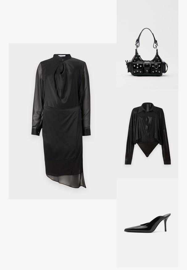 Robe noire avec un col montant, des manches longues en transparence et un détail en nouage au niveau du décolleté. Présente un ourlet layers et une texture de tissu lisse.; Body noir avec manches longues, décolleté en V et une silhouette ajustée. Fabriqué en tissu lisse et brillant avec un col structuré et des poignets.; Mule en cuir verni noir à talon haut avec un bout pointu et une silhouette épurée, doté d'un dos ouvert et d'un talon aigu slender.; Sac à main en cuir noir au design courbé, avec des clous en argent, une boucle et deux poches latérales. Bandoulière réglable pour différentes options de transport.