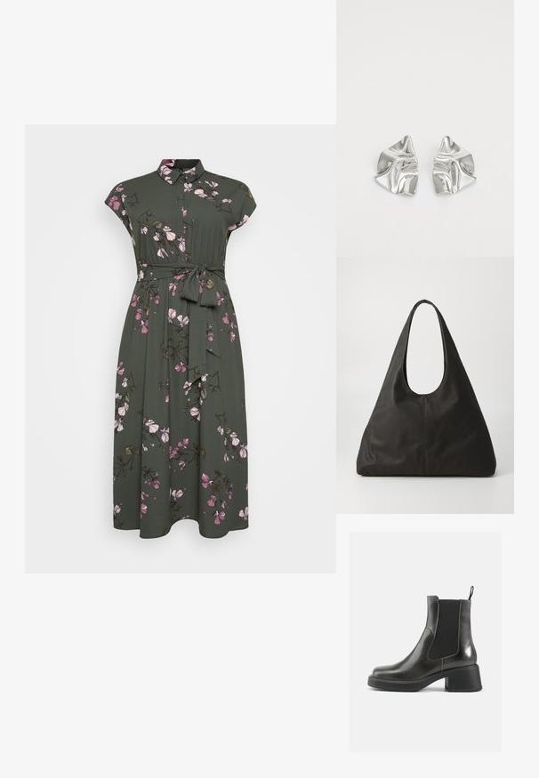 Khaki šaty s krátkymi rukávmi, kvetinový vzor so zmiešanými ružovými kvetmi a zelenými listami, golierový dizajn a opasok na viazanie v páse.; Čierne kožené členkové čižmy s hladkým povrchom, elastickými bočnými panelmi a masívnym opätkom. Obsahujú úchyt na jednoduchšie obúvanie.; Čierna kožená taška s okrúhlym uchom, predĺženým trojuholníkovým tvarom a hladkým povrchom. Má minimalistický dizajn bez viditeľného kovania.; Strieborné kovové náušnice s vlnitým, sochárskym dizajnom, s lešteným povrchom a nepravidelnými tvarmi, ktoré zvýrazňujú súčasnú estetiku.