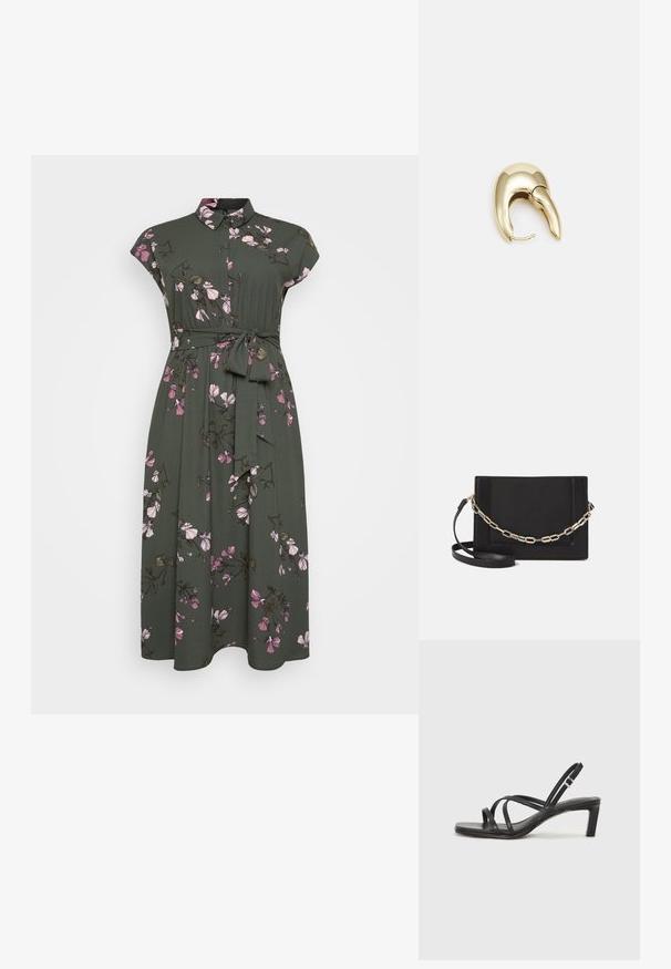 Khaki haljina s kratkim rukavima, cvjetni uzorak s ružičastim cvjetovima i zelenim lišćem, s kojom dolazi ovratnik i pojas za vezanje u struku.; Crne sandale s trakama, kvadratnim prstom i niskom blok petom. Ima više tankih trakica i podesivu trakicu oko gležnja. Izrađene su od glatke kože.; Crna kožna torba preko tijela s glatkom teksturom, pravokutnim oblikom i metalnim lancem na prednjoj strani. Uključena je podesiva naramenica.; Zlatne metalne naušnice s elegantnim, zakrivljenim dizajnom. Imaju karakterističan šiljast oblik, poliranu površinu i zatvaranje na šarku.