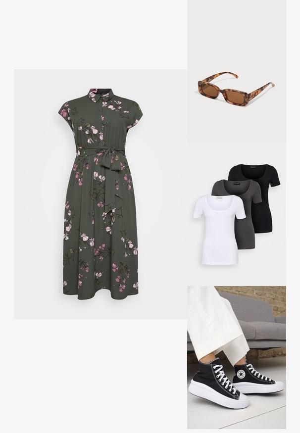 Khaki haljina s kratkim rukavima, cvjetni uzorak s ružičastim cvjetovima i zelenim lišćem, s kojom dolazi ovratnik i pojas za vezanje u struku.; Tri fitted T-shirtovi u bijeloj, sivoj i crnoj boji. Svaki ima široki izrez na vratu i kratke rukave. Napravljen od glatkoga, rastezljivog materijala.; Crne tenisice visoke košarke s bijelim gumenim potplatom i vezicama. Imaju okruglu logotipsku zakrpu i kontrastni bijeli šav. Materijal od platna.; Naočale u obliku tortoiseshella s pravokutnim smeškim lećama, debelim okvirom i tankim nogicama koje imaju uzorak od različitih nijansi smeđe boje.