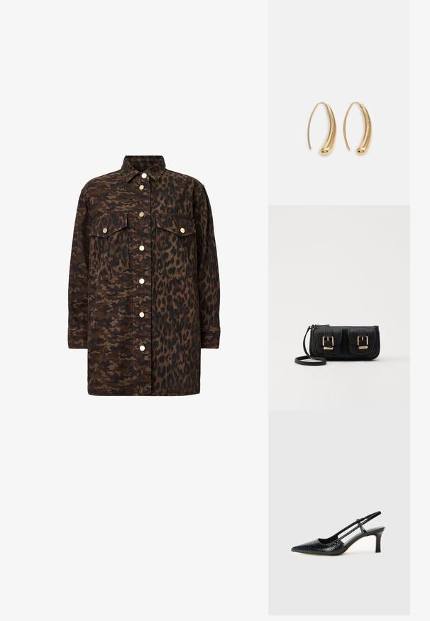 Koszula zapinana na guziki, z dwiema różnymi tkaninami: kamuflaż z jednej strony i wzór panterki z drugiej. Ciepłe odcienie brązu z złotymi akcentami.; Czarne lakierowane czółenka na obcasie typu slingback z wąskim noskiem, z teksturowanym wzorem wężowym, regulowanym paskiem oraz krótkim, teksturowanym obcasem w kształcie słupka.; Czarna skórzana torba na ramię z dwoma przednimi kieszeniami, złotymi klamrami, zamkiem błyskawicznym i cienkim paskiem. Teksturowana powierzchnia i kompaktowy prostokątny kształt.; Złote metalowe kolczyki w kształcie obręczy o zakrzywionym, wydłużonym kształcie. Posiadają gładką, błyszczącą powierzchnię oraz zaokrąglony koniec dla dodatkowego efektu.