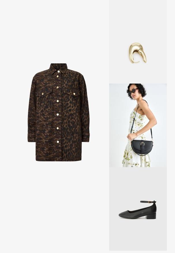 Gombos ing, amely két különböző anyagmintát kínál: az egyik oldalon katonai mintázat, a másikon leopárdmintázat található. Barna árnyalatok aranyszínű fém kiegészítőkkel.; Fekete bőr magassarkú cipő hegyes orral és alacsony tömb sarkal. Bokapánttal rendelkezik, aranyszínű csattal. Simább textúra.; Fekete bőrtáska ívelt formával, levehető pánttal és arany színű fémrészekkel. A táskán egy csattal díszített fedél található.; Aranyszínű fém fülbevaló, elegáns, ívelt formával. Különleges hegyes alak, fényes felszín és zsanéros záródás jellemzi.