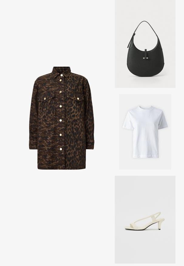 Napapaita, jossa on kaksi kankaan kuviota: toisella puolella kamouflage ja toisella puolella leopardikuvio. Ruskeat sävyt kultaisilla varustekoristeilla.; Valkoinen puuvillainen t-paita, jossa on pyöreä pääntie, lyhyet hihat, suora leikkaus ja sileä rakenne. Ei kuvioita tai koristeluja.; Beige sandaalit, joissa on loiva korko, ohuet hihnat ja neliönmallinen varvasosa. Sileä materiaali, jossa on minimaalista yksityiskohtaa, suunniteltu helppokäyttöiseksi.; Mustat nahkaolkalaukku, jossa on kaareva siluetti. Laukussa on kultasävytetty varustelu ja teksturoidut pinnat.