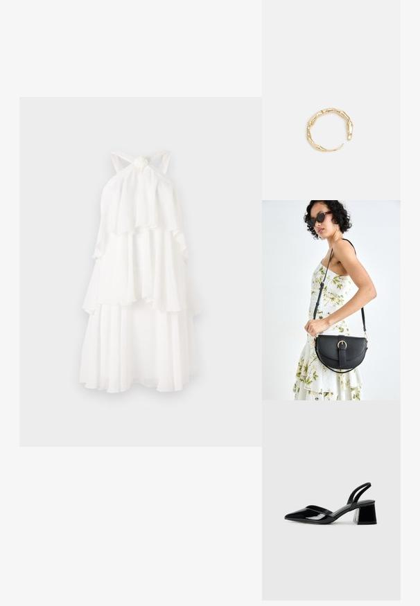 Tiered white dress made of lightweight fabric, featuring a knotted halter neck and flowing layers that create a soft silhouette.; Black patent leather slingback heels with a pointed toe and a geometric block heel. Features a sleek, minimal design and smooth texture.; Black leather handbag with a curved shape, detachable strap, and gold hardware. The bag features a flap with a buckle detail.; Gold-tone ring featuring an organic, twisted design with smooth texture and tapered ends, creating a modern, sculptural appearance.