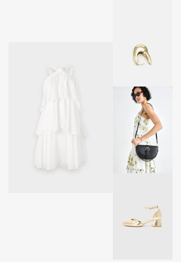 Lagdelt hvit kjole laget av lett stoff, med en knyttet halterneck og flytende lag som skaper en myk silhuett.; Gullmetalliske hæl-sko med rund tå, ankelrem og lav blokhæl. Glat tekstur med blank overflade.; Svart lærveske med en buet form, avtagbar stropp og gullbeslag. Vesken har et klaff med spenne-detall.; Gullfarget metalløredobber med et elegant, buet design. Har en karakteristisk spiss form, polert overflate og hengsel-lukking.