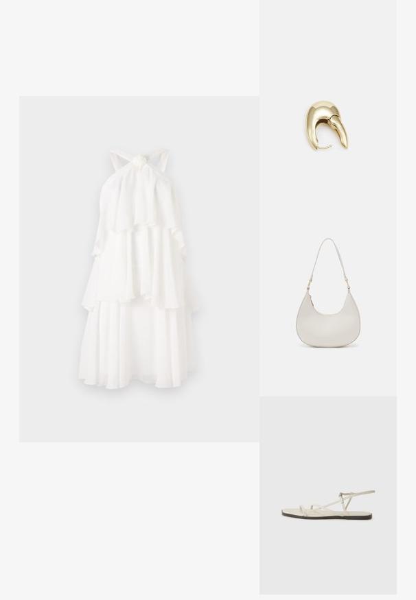 Kārtota baltā kleita no viegla auduma, ar mezgla kakla izgriezumu un plūstošām kārtām, kas veido maigu siluetu.; Bežīgas plakanas čības ar vairākiem plāniem siksniņām un regulējamu sprādzi. Zole ir plakana ar nelielu tumšu kontrastu malā.; Krems krāsas ādas plecu soma ar pusmēness formas siluetu, plānu siksniņu un smalku šuvju detaļām. Minimālistisks dizains ar zelta toni aparatūras akcentiem.; Zeltīti metāla auskari ar gludu, izliekta dizaina. Ar atšķirīgu smailu formu, pulētu virsmu un eņģu aizdari.