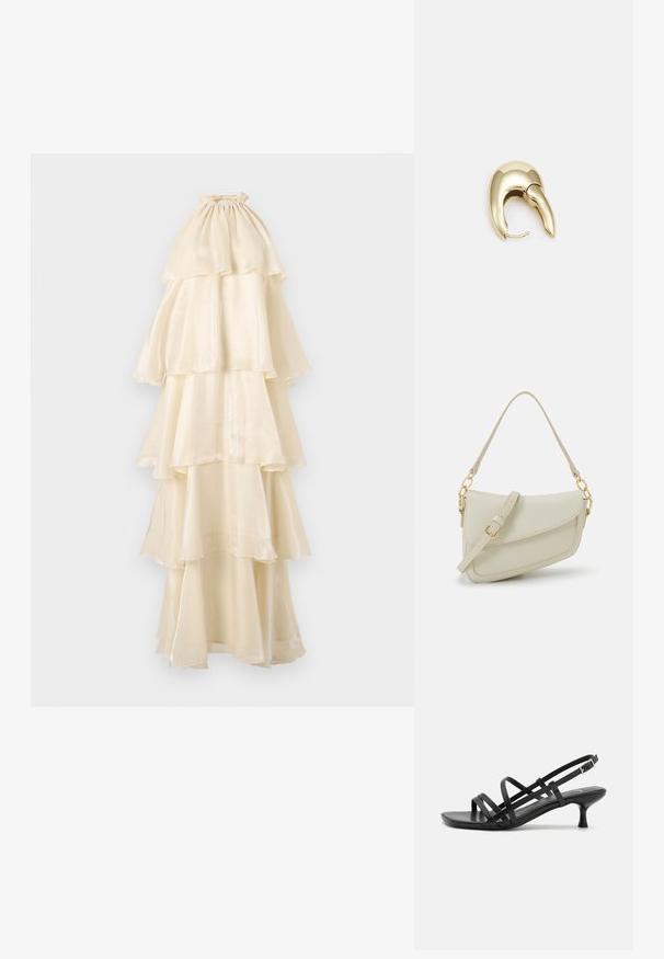 Večerna maksi obleka v kremni barvi, izdelana iz mehkega, sijočega materiala. Visok ovratnik z nabranimi detajli, plasti, ki se spuščajo, in tekoč silhueta.; Črne petne sandale z več križnimi trakovi. Gladek material, koničast nos in ozka peta. Nastavljiv gleženjski trak z zaponko.; Mala kremna torbica z teksturiranim zaključkom, dolgim nastavljivim trakom, verižnim poudarkom in zapiranjem na poklop. Detajli iz zlatega kovinskega materiala.; Uhane nakit iz zlatastega tona z gladko, ukrivljeno zasnovo. Ima edinstveno koničasto obliko, polirano površino in zaponko s tečajem.