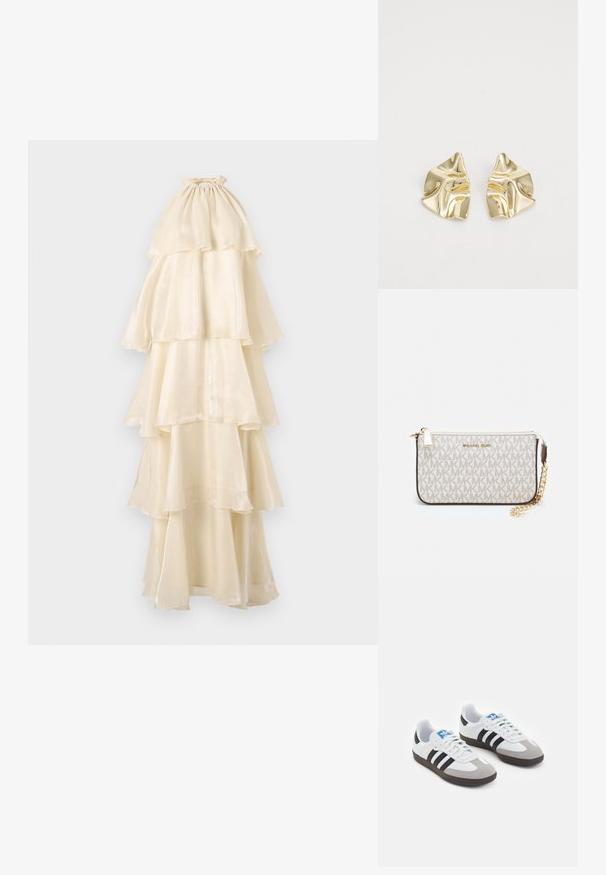 Vestido maxi em camadas na cor creme, com um tecido suave e brilhante. Decote alto com detalhe franzido, camadas em cascata e uma silhueta fluida.; Ténis desportivos com um cabedal em pele branca, biqueira em camurça cinza e três riscas pretas. Apresenta um logo azul na língua e uma sola de borracha texturizada.; Pochete Michael Kors em tela revestida bege com padrão repetido do logotipo MK, ferragens douradas e uma alça de corrente destacável.; Brincos metálicos dourados com um design ondulado; superfície lisa e reflexiva; forma assimétrica; sem padrões ou acessórios visíveis.
