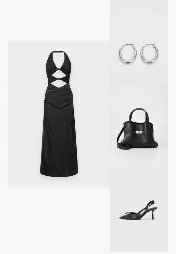 Čierne šaty s halterneckom a výrezmi, zdobené uzlami. Vyrobené z hladkej tkaniny, s priliehavým korzetom a voľnou sukňou.; Čierne kožené slingback topánky s špicatou špičkou, štíhlym podpätkom a akcentom zlatého tónu na priehlavku. Hladká textúra a štruktúrovaný dizajn.; Čierna kožená kabelka s textúrovaným povrchom, ktorá má dve vrchné rukoväte, odnímateľný popruh cez rameno a strieborný uzáver.; Pár zdobených strieborných polkruhových náušníc s pántovými uzávermi na bielom pozadí.