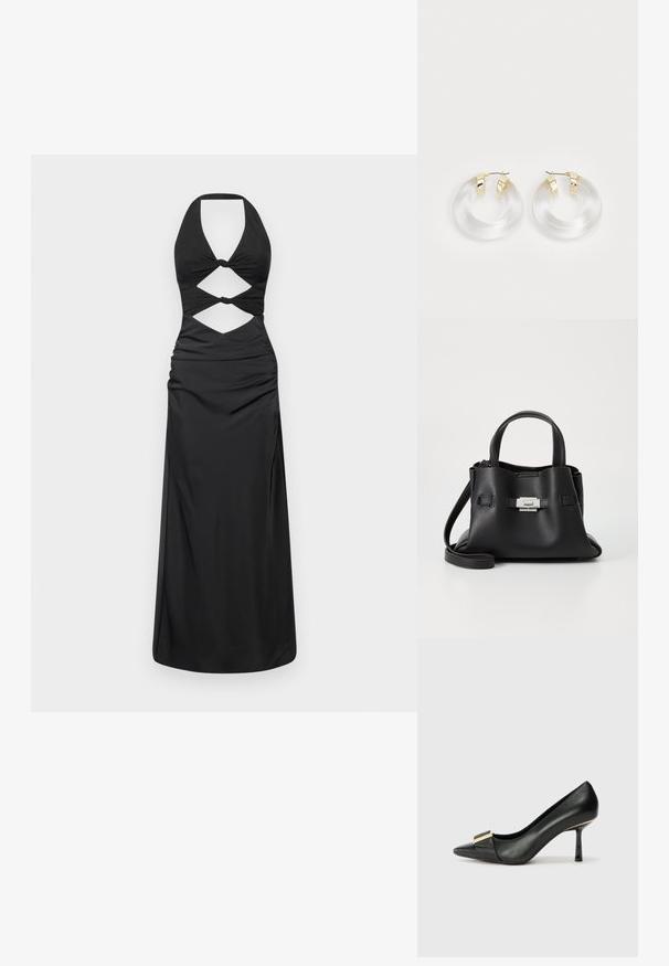 Fekete, nyakba akasztós ruha kivágott részletekkel és csomózott díszítésekkel. Simább anyagból készült, szoros felsőrészével és minnél lágyabb szoknyájával.; Fekete bőrből készült, hegyes orrú magassarkú cipő, arany kiegészítővel az orrán, sima textúrával és karcsú magassarkú kialakítással.; Fekete bőr kézitáska struktúrált felülettel, két felső fogantyúval, levehető vállpánttal és ezüst színű csattal.; Átlátszó akril fülbevalók arany tónusú fémszegélyekkel és fényes felülettel. Simább, kör alakú dizájnnal rendelkezik.