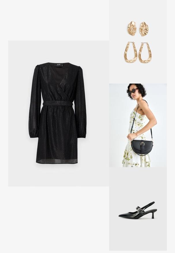 Vestido preto envelopado com mangas bufantes longas, tecido texturizado, cintura ajustada e decote em V. Apresenta um brilho sutil e detalhe de cinto.; Saltos slingback em verniz preto com bico pontiagudo e um pequeno salto bloco, apresentando um detalhe de fivela prateada na tira.; Bolsa de couro preta com forma curva, alça destacável e detalhes em dourado. A bolsa possui uma aba com detalhe de fivela.; Brincos em tom de ouro com formas onduladas e texturizadas. Inclui studs escultóricos com presilha e um design de argola aberta com um acabamento martelado.