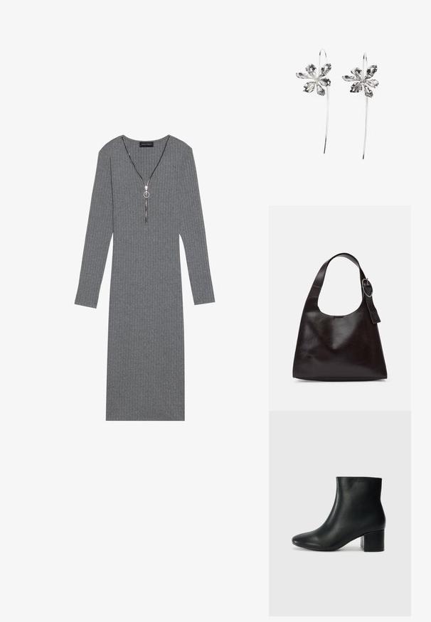 Grå ribbet langærmet kjole med en dyb V-hals og sølv lynlåsdetalje, der har en cirkulær trækflap og en tætsiddende silhuet.; Sorte læder ankelstøvler med spids tå og en kraftig hæl. Glat tekstur med minimale detaljer og et slankt, tætsiddende design.; Brun læder skuldertaske med en glat tekstur, rund form, bred rem og cirkulært metalaccent på håndtaget.; Sølvringe formet som blomster med en struktureret overflade, der har lange kroge og kronblad-lignende detaljer for et indviklet design.