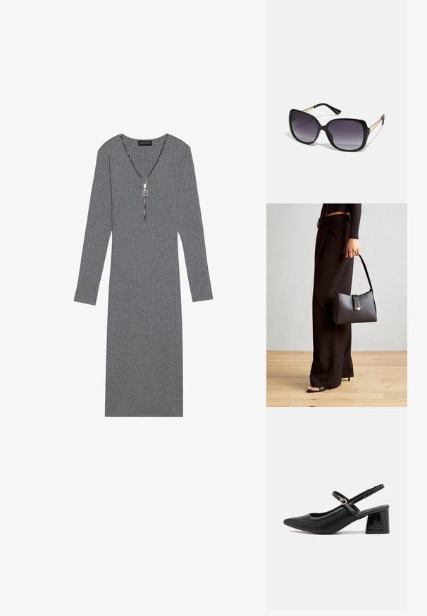 Halli soonikkidega hall pikkade varrukatega kleit, millel on sügav V-kaelus ja hõbedane lukk, ringikujuline tõmblukk ja keha lähedane siluett.; Mustad läikivad nahast slingback-kõrged kontsad, millel on terav nina, ümar lõikekujundus ja blokknina. Omab kuldset nupu aktsenti.; Mustad ümarad päikeseglaasid, millel on gradient objektiivid, paksud raamid ja kuldse tooni kettaga kaunistused tempelitel.; Must musta kott, millel on struktureeritud kuju, sile tekstuur ja metallist klamber. Kombineeritud laiate mustade pükstega ja avatud varvaste sandaalidega puidust põrandal.