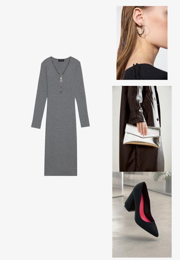 Grijze geribde jurk met lange mouwen, een diepe V-hals en zilveren ritsdetail, met een ronde trekknop en een getailleerde pasvorm.; Zwarte hoge hak met een spitse neus, textuur op het oppervlak en een opvallend roze interieur. Beschikt over een chunky hak met zilveren accent.; Zilveren metallic clutch met een hoekig envelopontwerp, een gladde textuur en een contrasterende binnenkleur, vastgehouden in een hand die een zwarte jas draagt.; Zilveren oorbel met een gepolijste afwerking, met kleine gouden accentdetails en een ronde vorm, gedragen op de oorlel.