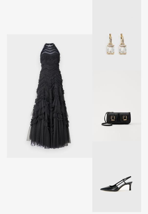 Needle & Thread ELIA HALTER NECK GOWN - Ballkleid - graphite; Schwarze Lack-Slingback-Pumps mit spitzem Zehenbereich, versehen mit strukturiertem Schlangenprint, verstellbarem Riemen und einem kurzen, strukturierten Blockabsatz.; Schwarze Leder-Umhängetasche mit zwei vorderen Taschen, goldenen Schnallen, Reißverschluss und einem schmalen Tragegurt. Texturierte Oberfläche und kompakte rechteckige Form.; Ohrringe in Goldfarbe mit einem rechteckigen, durchsichtigen Kristall, der unter einer Reihe kleiner, runder klarer Akzente hängt. Elegantes, modernes Design.