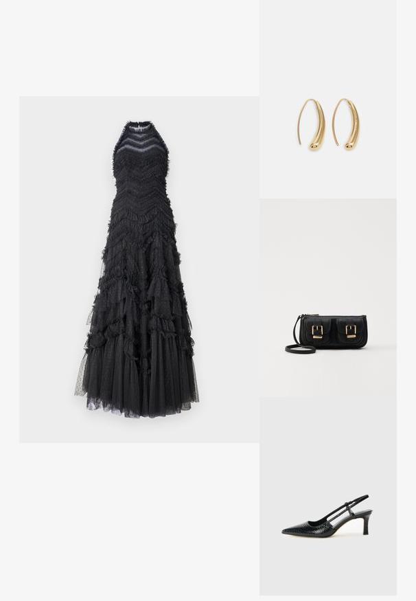 Needle & Thread ELIA HALTER NECK GOWN - Gallakjole - graphite; Sorte patent slingback hæl med spids tå, prydet med tekstureret slangeskindsmønster, justerbar rem og en kort, tekstureret blokhæl.; Sort læder crossbody taske med to frontlommer, guldspænder, lynlåslukning og en slank rem. Struktureret overflade og kompakt rektangulær form.; Guldfarvede metal hoops øreringe med en bøjet, forlænget form. Har en glat, skinnende overflade og en afrundet spids for ekstra detalje.