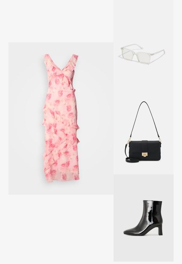 Rosa blomstermønstret kjole med volanger langs halslinjen og skjørtet. Flytende stoff, V-halsdesign og en tettsittende silhuett med lagdelte detaljer.; Sorte patentlær ankle boot med spiss tå og en mellomhøy blokkhelt. Glatt tekstur og minimalistisk design.; Klare plastiske briller med kvadratisk innfatning og gjennomsiktige linser, med gullfiner på brillestengene for ekstra detalj.; Svart faux lær skulderveske med rektangulær form, gullfarget hardware, magnetlås og avtagbar stropp. Teksturert overflatedetalj.