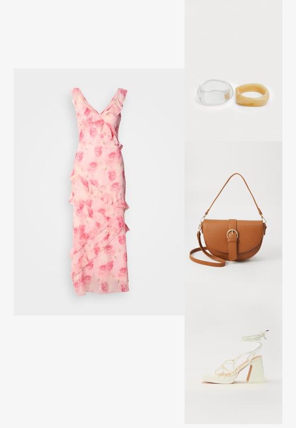 Rosa blomstermønstret kjole med volanger langs halslinjen og skjørtet. Flytende stoff, V-halsdesign og en tettsittende silhuett med lagdelte detaljer.; Hvit høyhælte sandal med kraftig hæl, med en stroppe-design og ankelbånd. Glatt tekstur med plattform foran for ekstra høyde.; Brun lærcrossbody-veske med en buet form, gullhardware og et spenneakcent. Har en avtakbar skulderreim.; Klare og ravfargede harer, den ene glatt og gjennomsiktig, den andre med en teksturert, ravfarget finish. Begge har avrundede, kraftige design.