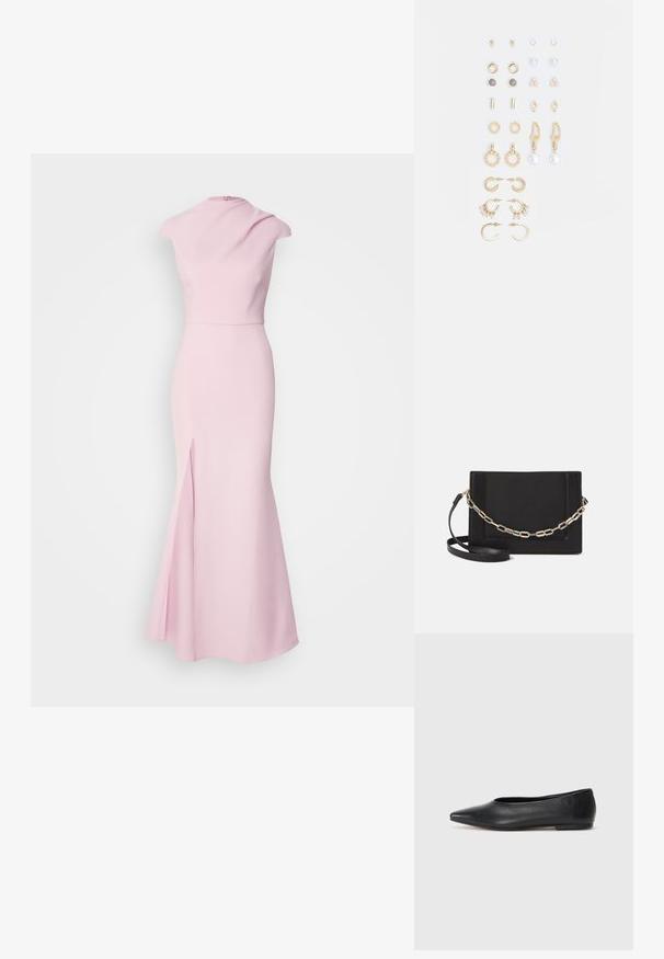 Pink sleeveless gown with a high neckline, fitted bodice, flared skirt, and side split, made from smooth, stretchy fabric.; Black leather ballet flat, pointed toe, minimalistic design, smooth texture, low-profile heel, no visible hardware or embellishments.; Black leather crossbody bag featuring a smooth texture, rectangular shape, and a metallic chain detail on the front. Adjustable strap included.; Set of gold-tone earrings featuring various designs, including studs, hoops, and dangling pieces with pearls and rhinestones.
