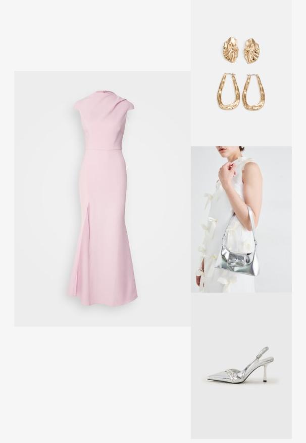 Pink sleeveless gown with a high neckline, fitted bodice, flared skirt, and side split, made from smooth, stretchy fabric.; Silver slingback high heel shoe with a pointed toe, metallic finish, two decorative straps, and a slender heel with a black tip.; Silver metallic handbag with a structured shape, featuring a top handle and bow detail on the front. Smooth texture, reflective finish.; Gold-tone earrings featuring textured, wavy shapes. Includes sculptural clip-on studs and open hoop design with a hammered finish.