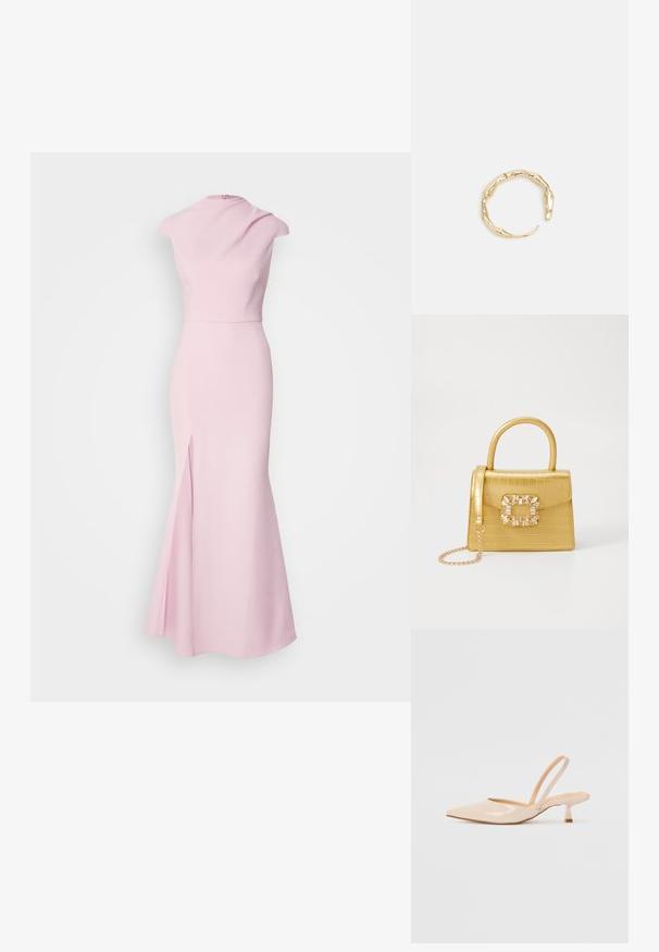 Rožinė be rankovių suknelė su aukštu kaklu, prigludusia liemene, platėjančia sijonu ir šoniniu įpjovimu, pagaminta iš lygaus, tamprių audinių.; Bežinės patentinės odos slingback kulniukai su smailiu priekiniu kraštu ir prašmatniu kvadratiniu kulnu. Lygus paviršius ir minimalizmo dizainas be puošmenų.; Geltonas dirbtinės krokodilo odos rankinukas su standžiu dizainu, viršutine rankena, nuimamu grandininiu dirželiu ir dekoratyviniu krištolo papuošimu ant užsegimo.; Auksinės spalvos žiedas, turintis organišką, sukimosi dizainą su lygiu paviršiumi ir siaurėjančiais galais, sukuriantis modernią skulptūrinę išvaizdą.