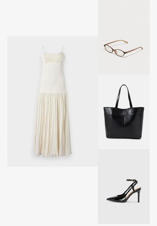 sandro ROBE - Nappali ruha - ecru; Fekete lakkbőr magassarkú, slingback cipő, hegyes orral, állítható bokapánttal és nyitott oldalakkal. Simító felület.; Barna teknős páncélmintás szemüveg, ovális lencsékkel, vékony szárakkal és átlátszó részletekkel. A templomon diszkrét logó található. Elegáns, könnyű dizájn.; Fekete bőr bevásárlótáska két hosszú fogantyúval, sima felülettel és strukturált formával. Elülső zseb található rajta a plusz tárolás érdekében.