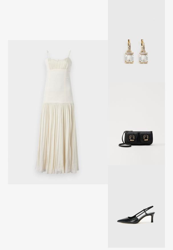 sandro ROBE - Rochie de zi - ecru; Pantofi cu toc slingback negri din patent, cu vârf ascuțit, cu imprimeu de șarpe texturat, curea ajustabilă și toc scurt texturat.; Geantă neagră din piele, tip crossbody, cu două buzunare frontale, catarame aurii, închidere cu fermoar și o curea subțire. Suprafață texturată și formă rectangulară compactă.; Cercei aurii care prezintă un cristal clar, rectangular, suspendat sub un rând de accente mici, rotunde, clare. Design elegant și modern.