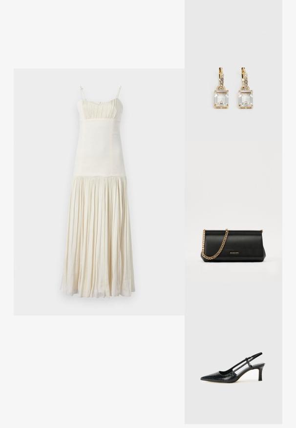 sandro ROBE - Freizeitkleid - ecru; Schwarze Lack-Slingback-Pumps mit spitzem Zehenbereich, versehen mit strukturiertem Schlangenprint, verstellbarem Riemen und einem kurzen, strukturierten Blockabsatz.; Schwarze Leder-Clutch mit einer goldenen Ketten-Trage, die eine glatte Oberfläche, rechteckige Form und geprägtes Branding auf der Vorderseite aufweist.; Ohrringe in Goldfarbe mit einem rechteckigen, durchsichtigen Kristall, der unter einer Reihe kleiner, runder klarer Akzente hängt. Elegantes, modernes Design.