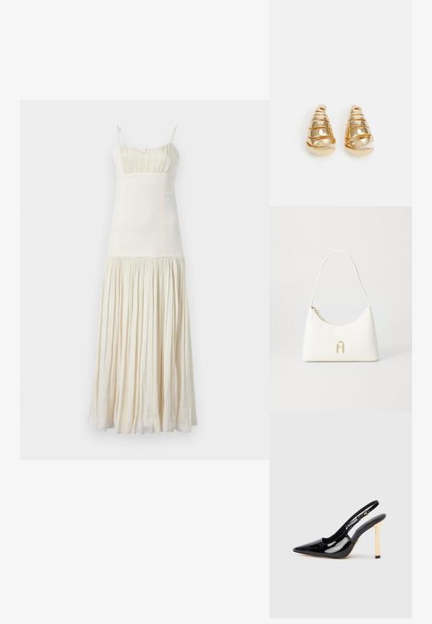 sandro ROBE - Päevakleit - ecru; Mustmust mustjalanik strappy kõrge kontsaga king, millel on terav nina ja kuldse tooni ruudukujuline kand. Omab reguleeritavat pahkluu rihma.; Valge käekott, millel on kõver kuju ja sile tekstuur. Omab kuldse tooniga logo aksenti ja lukuga sulgemist. Reguleeritav õlarihm.; Kuldsetes toonides kõrvarõngad, mis on kujundatud piklikeks koonuskujuliseks, koos spiraalsete detailidega. Sile pind peegeldava viimistlusega, millel on kaarjad aktsendid.