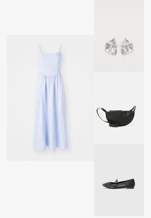 Modra prugasta maksi obleka z tankimi naramnicami, nabranim pasom in padajočo krilo. Narejena je iz lahkega materiala s gladko teksturo.; Črne usnjene balerinke s koničastim nosom, strukturo površine in majhnim poudarkom z mašnjo na vampu. Nizka, ploska peta.; Črna usnjena torbica za čez ramo v obliki polmeseca, z teksturirano površino, zlatim zadrgo in ravnim trakom. Kompaktna zasnova, primerna za osnovne stvari.; Srebrni kovinski uhani z valovitim, skulpturalnim dizajnom, ki se ponašajo s poliranim zaključkom in nerednimi oblikami, kar poudarja sodobno estetiko.